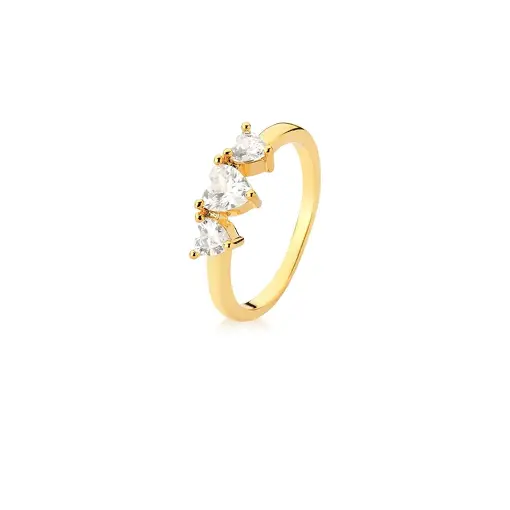 ANEL COM TRÊS ZIRCÔNIAS DE CORAÇÃO BRANCO BANHADO A OURO