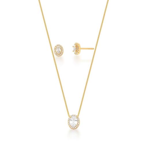 CONJUNTO BRINCO E COLAR COM PINGENTE OVAL BANHADO A OURO