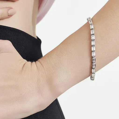 PULSEIRA RIVIERA COM CRISTAIS RETANGULARES PRATA RODINADA