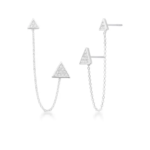 BRINCO EAR LINE COM TRIANGULOS CRAVEJADO PRATA LISA