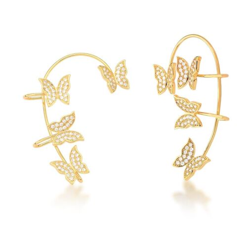PIERCING DE ORELHA COM BORBOLETAS CRAVEJADAS BANHADO A OURO