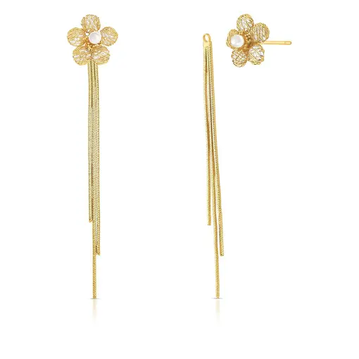 BRINCO EAR JACKET PÊNDULO COM FLOR EM CRISTAIS E PÉROLA