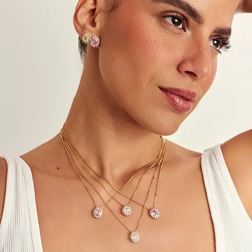 CONJUNTO BRINCO E COLAR COM CRISTAL OVAL E ZIRCÔNIAS