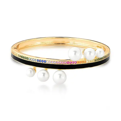 BRACELETE ESMALTADO PRETO E PÉROLA SHELL BANHADO A OURO