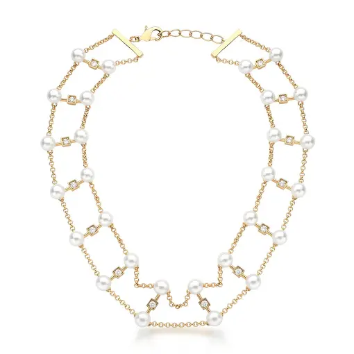 CHOKER DUAS VOLTAS COM CRISTAIS E PÉROLA SHELL BANHADO A OURO