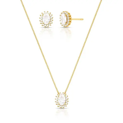 CONJUNTO BRINCO E COLAR COM CRISTAL OVAL E ZIRCÔNIAS