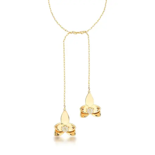 COLAR REGULÁVEL COM FLORES LISAS E ZIRCÔNIAS BANHADO A OURO