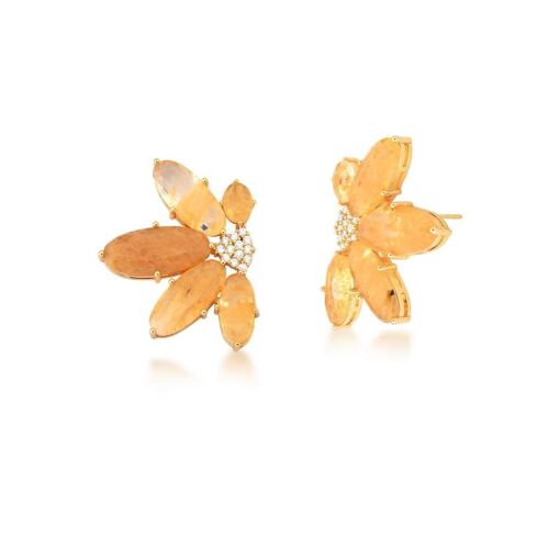 BRINCO MEIA FLOR COM CRISTAIS RUTILADOS BANHADO A OURO