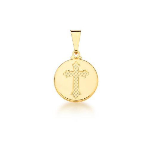 PINGENTE REDONDO COM CRUZ TRABALHADA BANHADO A OURO