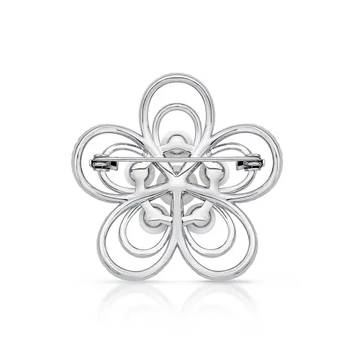 BROCHE DE FLOR COM ZIRCÔNIA E PÉROLA SHELL BANHADO A RÓDIO