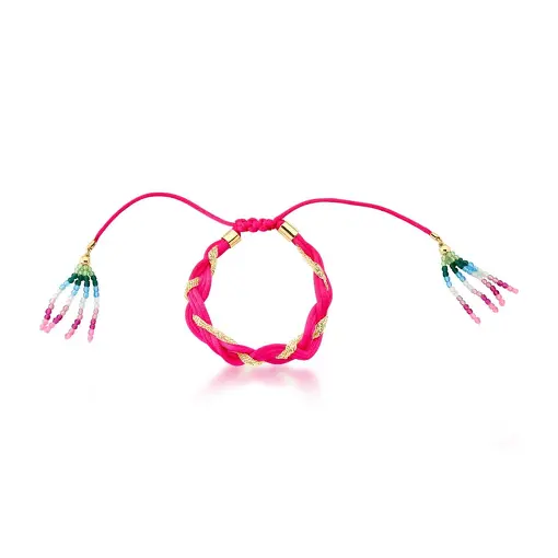 PULSEIRA SHAMBALA COM FIO ENCERADO ROSA BANHADA A OURO