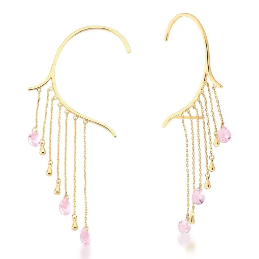 BRINCO EAR CUFF COM CRISTAIS EM GOTA ROSA BANHADO A OURO