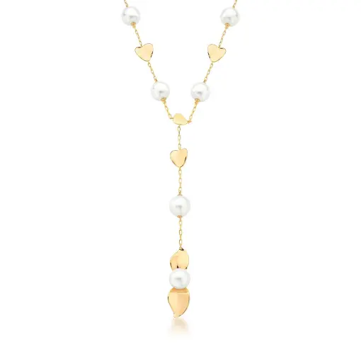 COLAR GRAVATA COM PÉROLAS SHELL E FOLHAS LISAS BANHADO A OURO