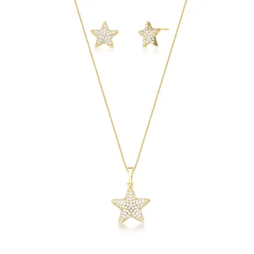 CONJUNTO COLAR E BRINCO DE ESTRELA CRAVEJADO BANHADO A OURO
