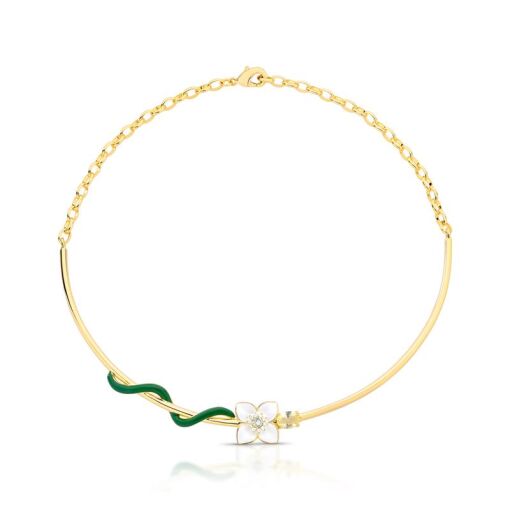 GARGANTILHA DE FLOR ESMALTADA E TRANÇADA BANHADA A OURO