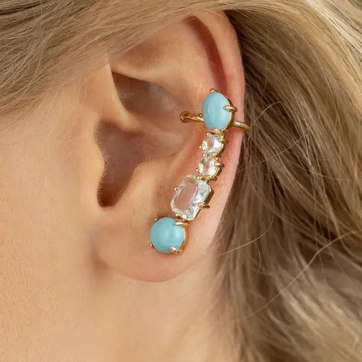 BRINCO EAR CUFF COM CABOCHÃO TURQUESA BANHADO A OURO