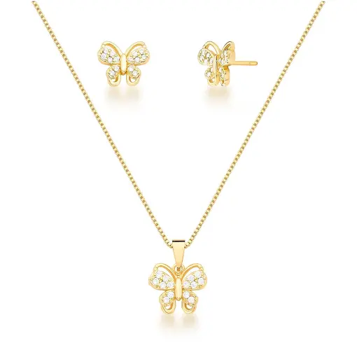 CONJUNTO COLAR E BRINCO DE BORBOLETA BANHADO A OURO