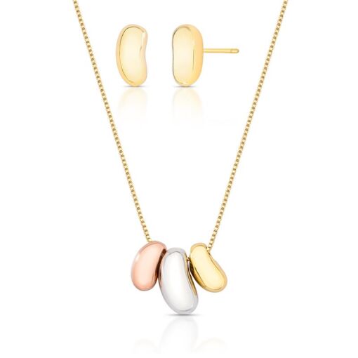 CONJUNTO BRINCO E COLAR OVAL ABAULADO EM TRÊS TONS