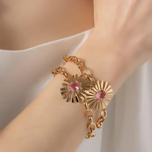 PULSEIRA COM PINGENTE FOLHA ROSA BANHADA A OURO