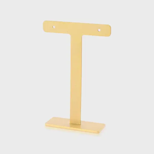 EXPOSITOR T PARA BRINCO COM DOIS FUROS METAL ZAMAC NA COR BRONZE