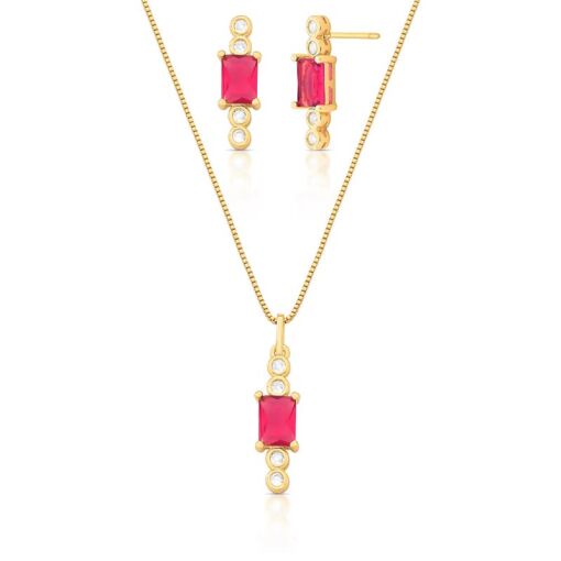 CONJUNTO DE BRINCO E COLAR COM PINGENTE EM CRISTAL RETANGULAR