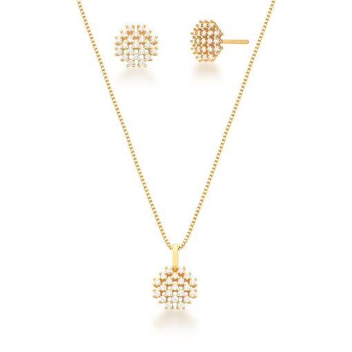CONJUNTO BRINCO E COLAR REDONDO CRAVEJADO BANHADO A OURO