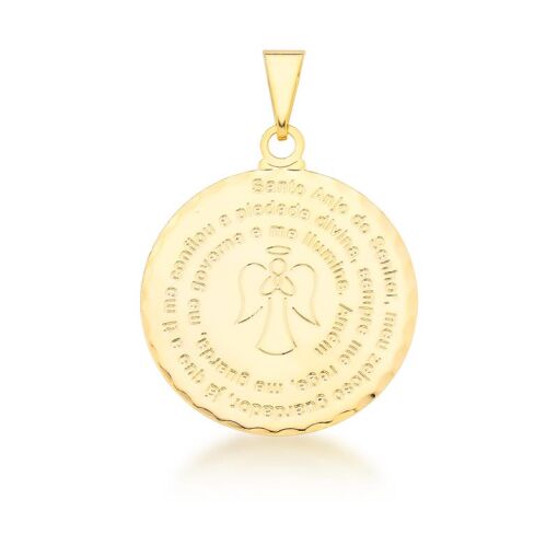 PINGENTE REDONDO LISO COM ORAÇÃO SANTO ANJO BANHADO A OURO