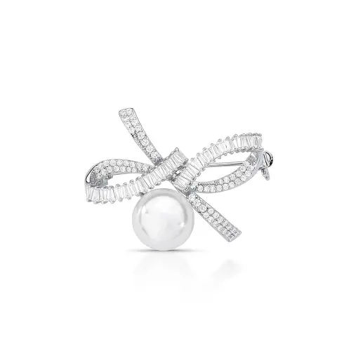 BROCHE DE LAÇO COM PÉROLA SHELL  BANHADO A RÓDIO