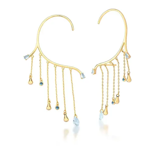 BRINCO EAR CUFF  E ZIRCÔNIAS EM GOTA ÁGUA MARINHA BANHADO A OURO