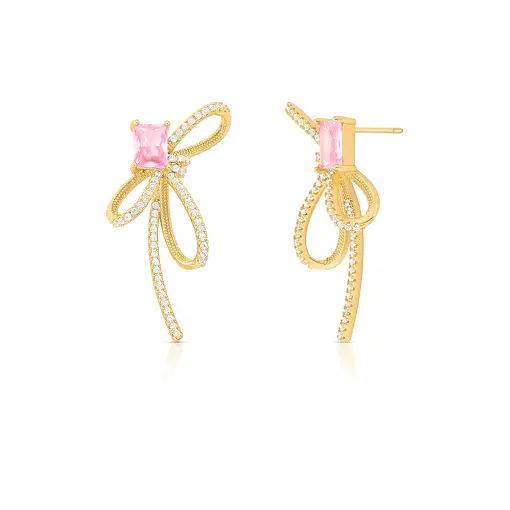 BRINCO DE LAÇO VAZADO COM CRISTAL RETANGULAR E ZIRCÔNIAS