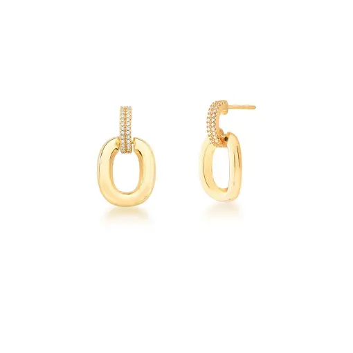 BRINCO PÊNDULO COM ELO OVAL E DETALHE COM ZIRCÔNIAS