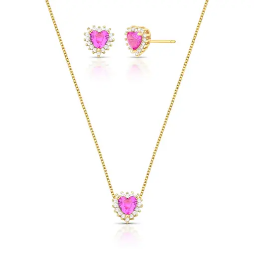 CONJUNTO BRINCO E COLAR DE CORAÇÃO EM CRISTAL