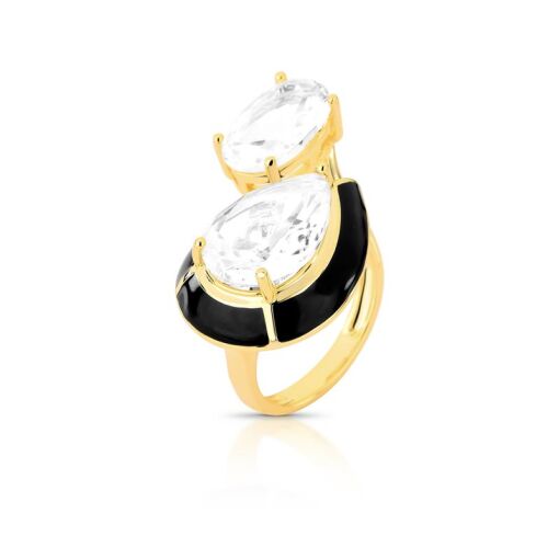 ANEL COM CRISTAL DE GOTA E OVAL ESMALTADO BANHADO A OURO