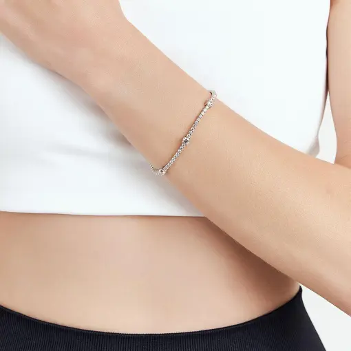 PULSEIRA RIVIERA COM CRISTAIS REDONDOS PRATA RODINADA