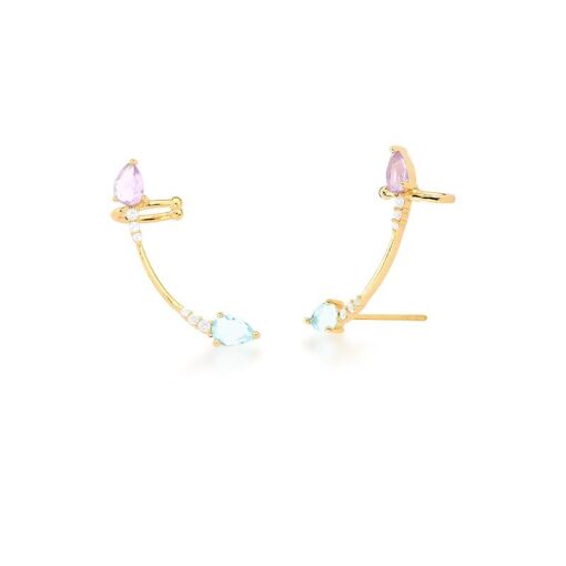 BRINCO EAR CUFF COM CRISTAIS EM GOTAS COLORIDOS BANHADO A OURO