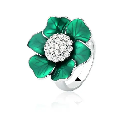 ANEL FLOR ESMALTADA NA COR VERDE COM ZIRCÔNIAS FOLHEADO A RÓDIO