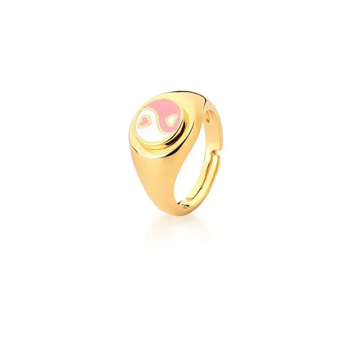 ANEL DEDO MÍNIMO YING-YANG ROSA E BRANCO BANHADO A OURO