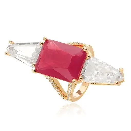 ANEL COM CRISTAL RETANGULAR NA COR MARSALA FOLHEADO A OURO