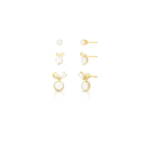 TRIO DE BRINCOS COM LAÇO EM MADREPÉROLA E CRISTAL