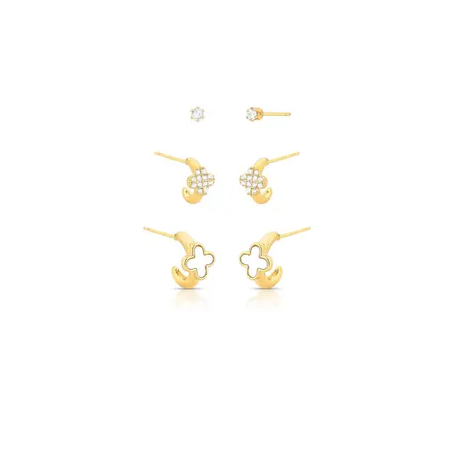 TRIO DE MEIA ARGOLA EM MADREPÉROLA E CRISTAL REDONDO