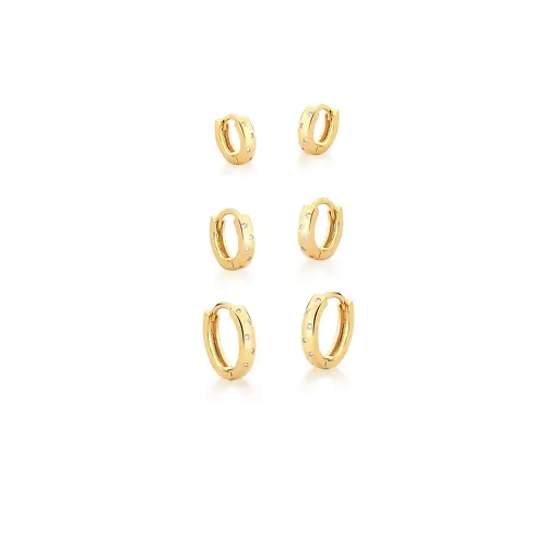 KIT TRÊS PARES DE ARGOLAS COM PONTOS DE LUZ BANHADO A OURO
