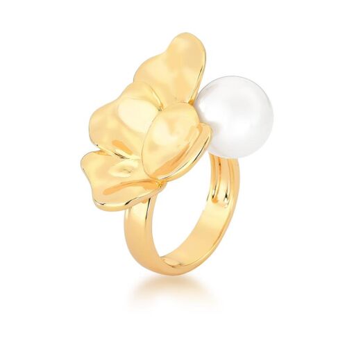 ANEL DE FOLHAS LISAS E PÉROLA SHELL BANHADO A OURO