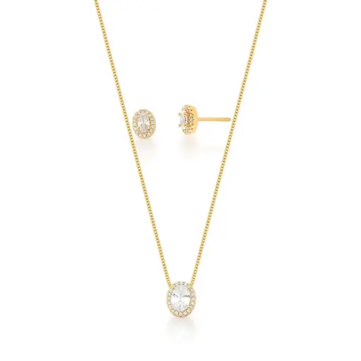 CONJUNTO BRINCO E COLAR COM PINGENTE OVAL BANHADO A OURO