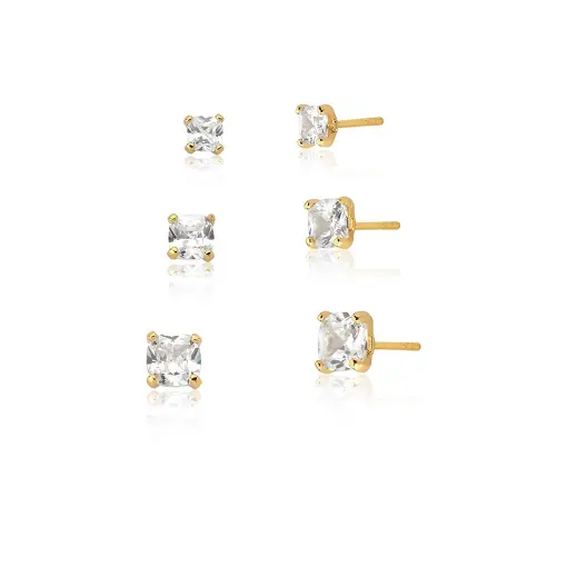 KIT TRÊS PARES DE BRINCO COM CRISTAIS QUADRADOS FOLHEADO A OURO