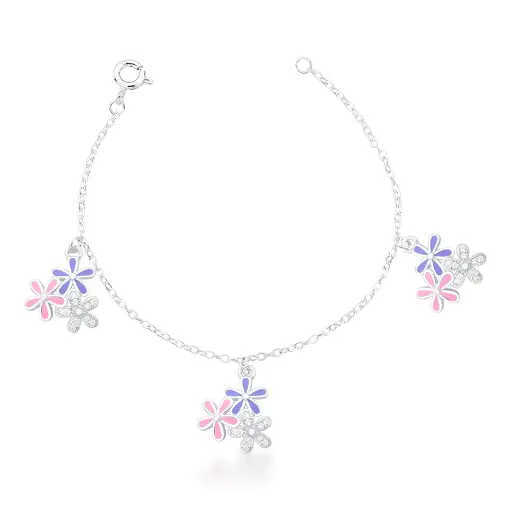 PULSEIRA KIDS COM TRÊS PINGENTES DE FLOR PRATA LISA