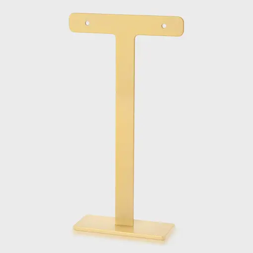 EXPOSITOR T PARA BRINCO COM DOIS FUROS METAL ZAMAC NA COR BRONZE