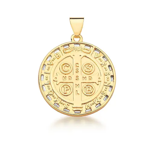 PINGENTE DE SÃO BENTO LISO E CRISTAIS BANHADO A OURO