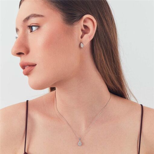 CONJUNTO BRINCO E PINGENTE CRISTAL DE GOTA EM PRATA RODINADA