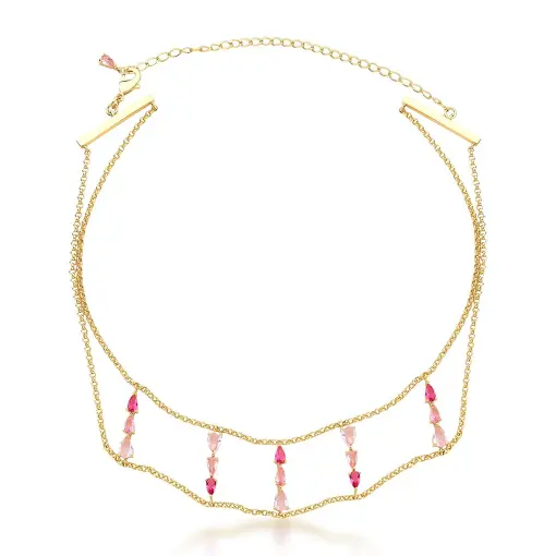 CHOKER DUAS VOLTAS COM CRISTAIS DEGRADÊ ROSA BANHADO A OURO