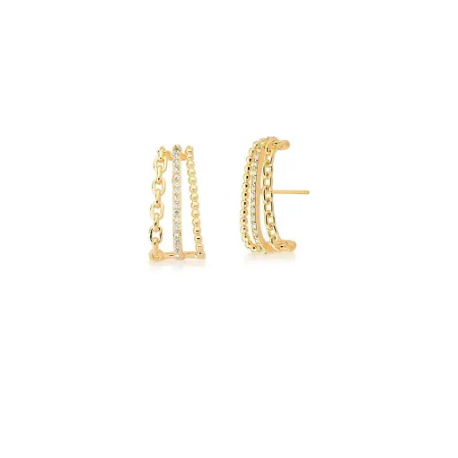 BRINCO EAR HOOK TRÊS FILEIRAS BRANCO E ELOS BANHADO A OURO